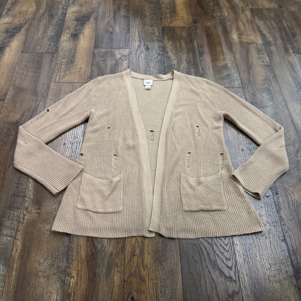 Daytrip Womens Tan Distressed Ribbed Knit Open Front Cardigan Sweater Large Boho